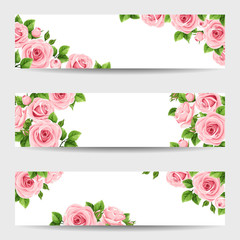 Set of thee vector web banners with pink roses.