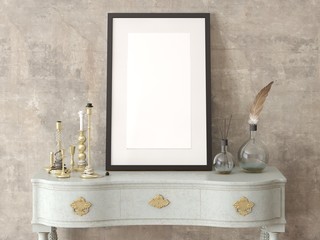 Mock up poster empty frame with stylish chest of drawers and fashionable background.
