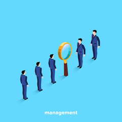 managers in business suits on a blue background, isometric image