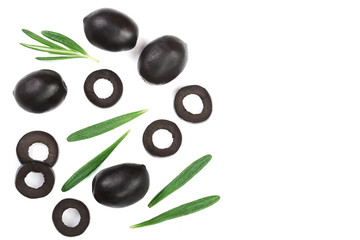 whole and sliced black olives with rosemary leaves isolated on white background. Top view. Flat lay pattern