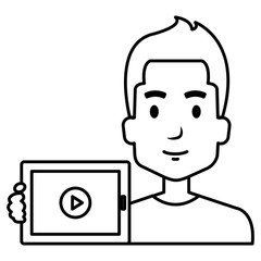 young man with tablet avatar character vector illustration design