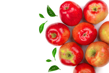 red apples decorated with green leaves isolated on white background with copy space for your text, top view