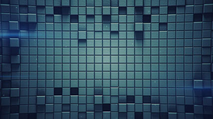 Surface of blue 3D cubes and light flares