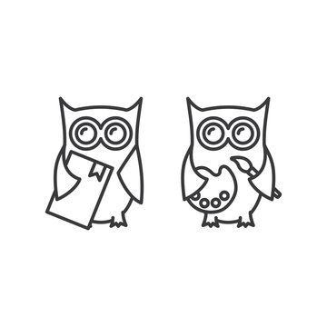 line owl with book and palette icons on white background