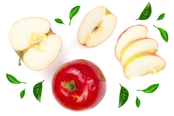 red apples with slices decorated with green leaves isolated on white background top view. Flat lay pattern
