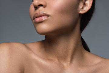 Freshness concept. Close up of female appearance and neck. Her skin is groomed and young