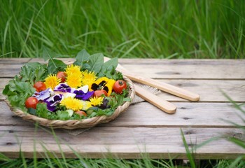 organic salad with flowers, close up. salad of dandelions with vegetables and eggs