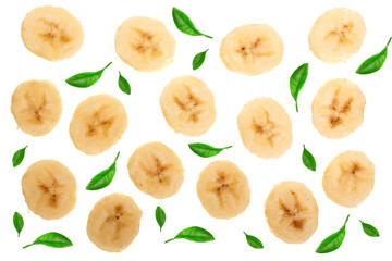 banana sliced decorated with green leaves isolated on white background. Top view. Flat lay