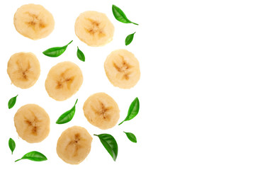 banana sliced decorated with green leaves isolated on white background with copy space for your text. Top view. Flat lay