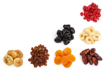 Set of dried fruits isolated on white background with copy space for your text. Top view. Flat lay