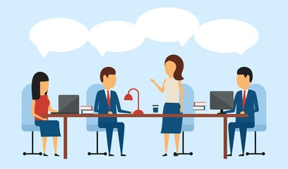 Business concept. In a simple style. Discussion and solution of business issues at the meeting. The speech bubbles. Flat style on blue background.