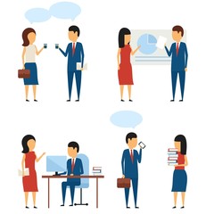 A set of business concepts and situations. In a simple style. Communication in the workplace. Flat style on white background.