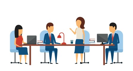 Business concept. Business meeting. In a simple style. Brainstorming office staff at the same table. Flat style on white background.