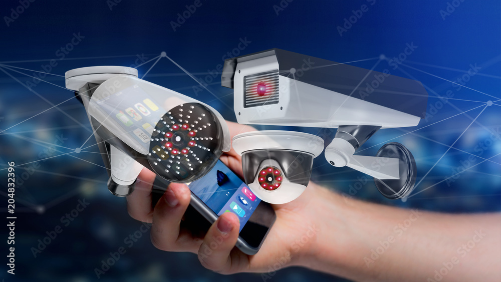 Poster businessman using a smartphone with a security camera system and network connection - 3d rendering