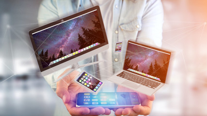 Devices like smartphone, tablet or computer flying over connection network - 3d render