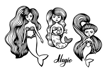 Mermaid with long hair. Hand-Drawn summer Doodle. Vector Illustration cartoon character. Young girl. vector illustration for t shirt printing and embroidery.