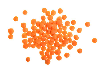 Heap of raw red lentils isolated on white background