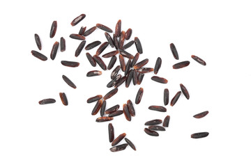 Black wild rice isolated on white background close up. Top view. Flat lay