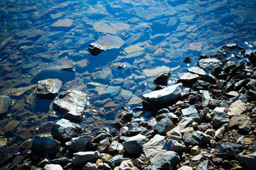 Rocky lake shore water reflection.