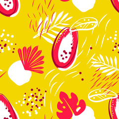 Natural pattern with abstract papaya and tropical plants on yellow background. Ornament for textile and wrapping. Vector.