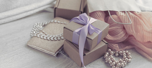 Decorative composition in retro style set of boxes with gifts.