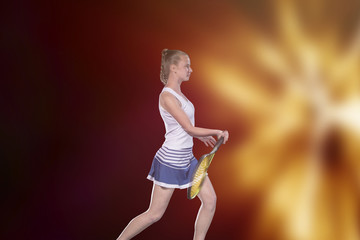 Fototapeta na wymiar Female tennis player reaching to hit the tennis ball on court