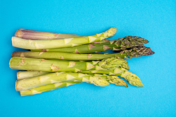 Delicious bunch of raw ripe green asparagus new harvest isolated on trendy blue background flat lay...