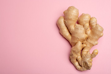 Trendy food flat lay concept on light pink background with fresh big ginger root close up copy...