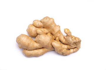 Fresh big ginger root close up copy space isolated on white background