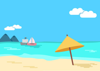 Fototapeta na wymiar Summer background. Tropical seascape. Beach umbrella, sea, sandy shore, mountains, ships. Vector illustration