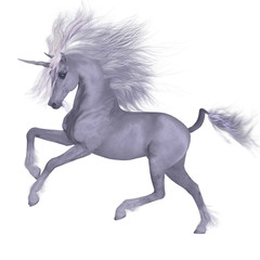 Naklejka na ściany i meble White Unicorn Prancing - A Unicorn is a mythical creature that has a white coat, cloven hooves, goat beard and forehead horn.