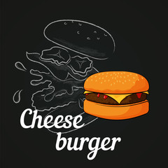Cheeseburger with chalk silhouette of a flying cheeseburger separated into layers