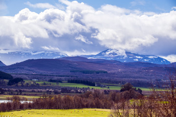 The beautiful Cairngorms mountain range seen from Kincraig in the Scottish Highlands