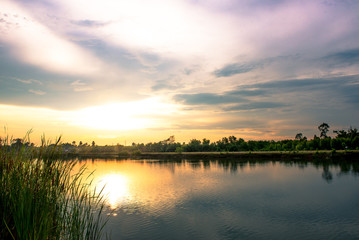 Landscape lake with sunset.