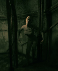 Halloween mummy in haunted house or woman with bandages on her in abandoned building,3d illustration