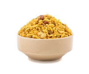 Indian Salty Snack Crunchy Mix Namkeen in bowl isolated on white Background