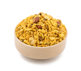 Indian Salty Snack Crunchy Mix Namkeen in bowl isolated on white Background
