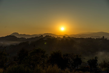last light of the sun is falling on the mountain in the evening.