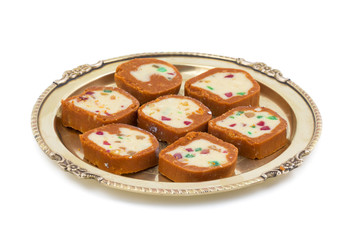 Indian Sweet Colourful Mawa Peda Also know as pedha or peday Indian Popular Sweet Food Made up of Mawa, Milk and Sugar isolated on white background