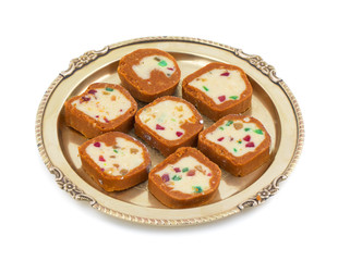 Indian Sweet Colourful Mawa Peda Also know as pedha or peday Indian Popular Sweet Food Made up of Mawa, Milk and Sugar isolated on white background