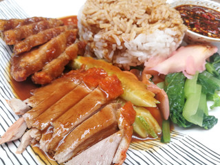 Rice with roast duck, crispy pork