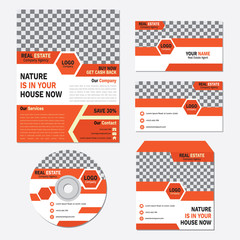 Real estate business brochure, cd cover and card template set vector design with orange hexagonal abstract color