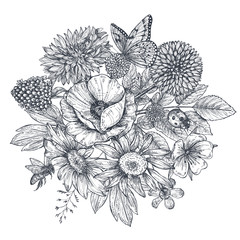 Wreath with hand drawn flowers, leaves and butterfly