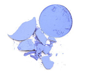 Blue powder make up cosmetic in circle box. Crushed powder isolate.