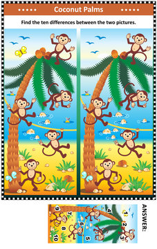 Visual puzzle with happy playful monkeys on the beach and coconut palms: Find the ten differences between the two pictures. Answer included.
