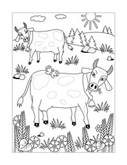 Coloring page with spotted milk cows grazing on the pasture

