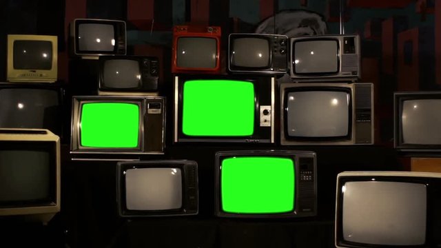 80s Televisions with Green Screens. Zoom In. Gold Tobacco Tone. You can replace green screen with the footage or picture you want with &ldquo;Keying&rdquo; effect in AE  (check out tutorials on YouTube).