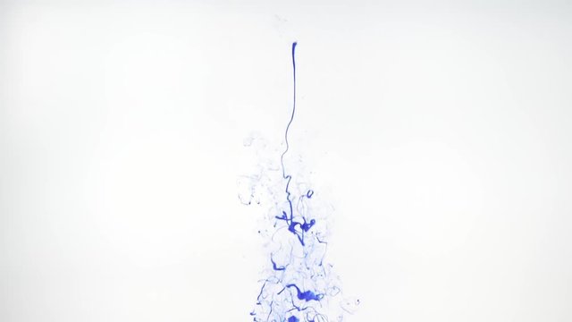 Blue acrylic ink swirling in water on white background. Shot at 60fps, HD format. Traces of abstract colourful clouds of paint dissolving in water, ever changing shape.