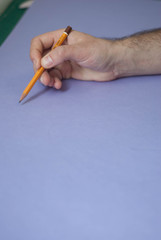 Human Men's Hand Holding a simple Pencil over Purple Paper. Illustration of Man's Hand, Pen, infographic, element for web, presentation, brochures.