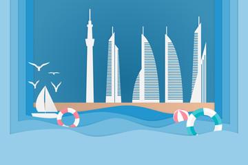 Vector beach with city in summer .paper art and Vector illustration design.